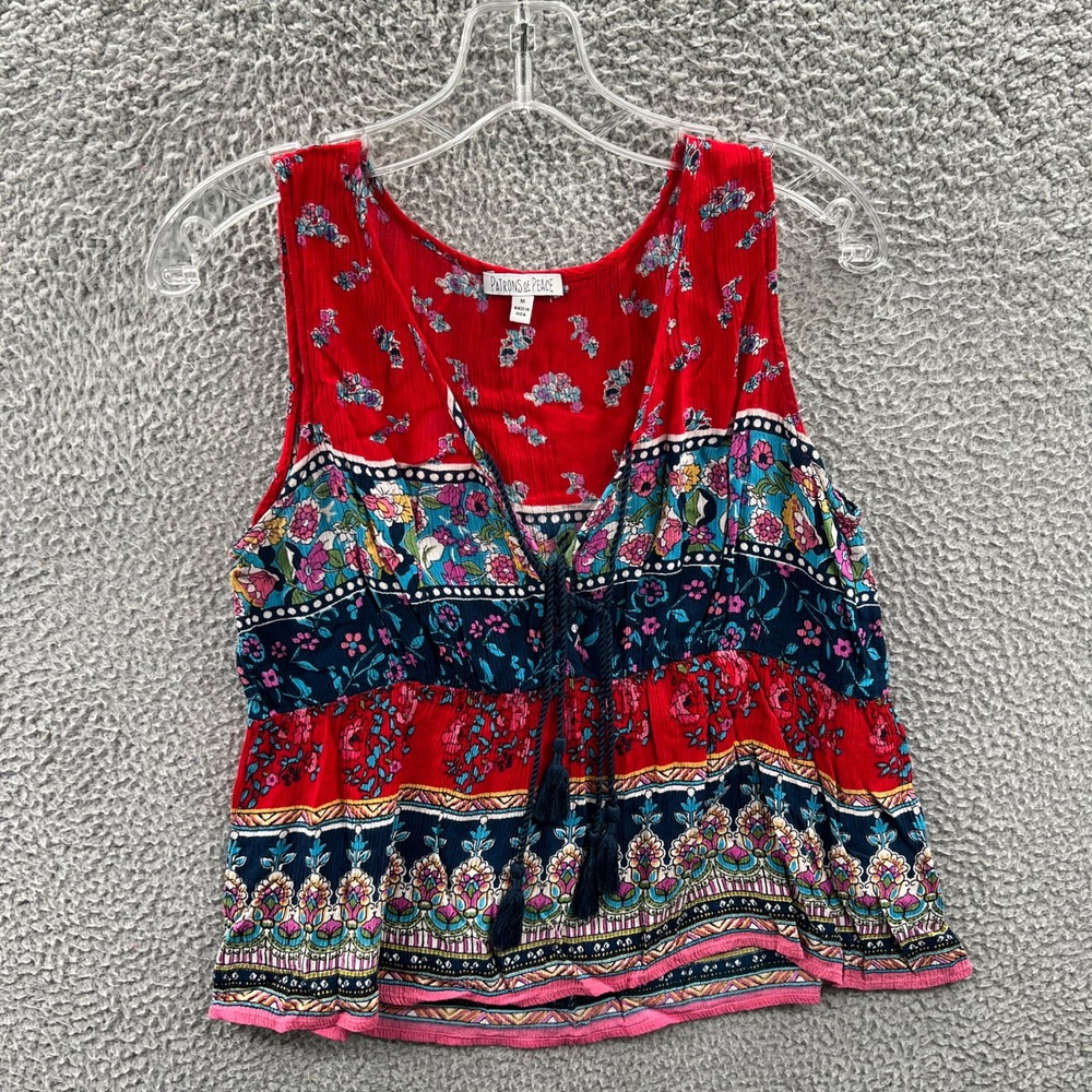Women Boho Indie Tank Top M Floral Patchwork Tassel Tie Flowy Sleeveless Cottage